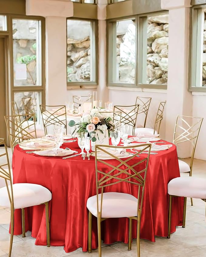 12 Pack 108 Inch Round Tablecloth, Red Satin Fabric Table Cloth for Round Tables, Wrinkle Resistant Washable TableCover Bright Silk Table Clothes for Wedding Party Dining Tables Banquet