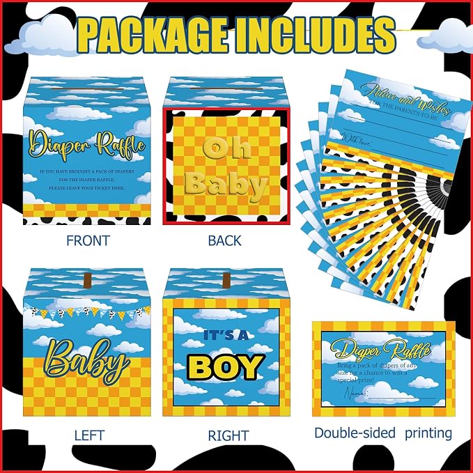 Teling 51 Pieces Diaper Raffle Tickets with Card Box Baby Shower Decorations Gender Reveal Holder Box for Girl Boy Diaper Raffle Party (Cartoon)