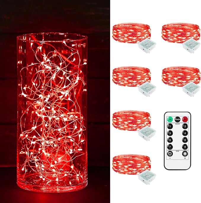 6 Pack Fairy Lights Battery Operated with Remote Timer 8 Lighting Modes,7ft 20 LED Waterproof Mini String Lights for Halloween Christmas Table Centerpieces Bedroom Decorations,Red