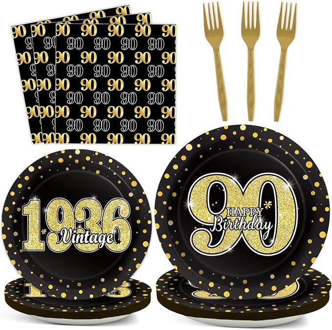 200PCS 90th Theme Birthday Party Tableware Vintage 1936 Party Supplies 90 year old Birthday Party Decorations Plates Napkins Forks Black and Gold Dinnerware Favors for Men or Women