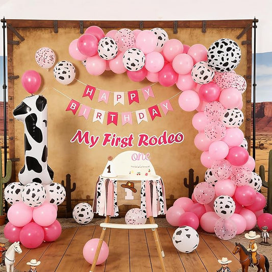 Cowgirl Farm First Birthday Decorations One High Chair Banner for Girl with 60PCS Cow Print Balloons, Number 1 Balloon, Cake Topper, Hat & Banner for Cowgirl Farm One Year Old Girl Birthday