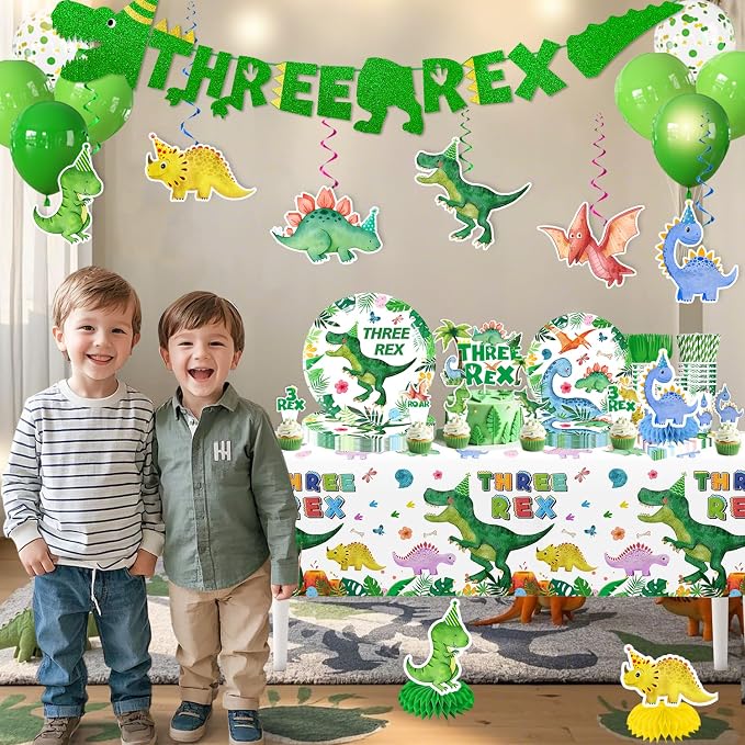 Three Rex Birthday Decorations Boy - 187 Pieces Set for 25 Guests, Includes Tableware, Banner, Hanging, Balloon, Cupcake Topper, Tablecloth- Perfect for 3rd Birthday & Dinosaur Theme Parties