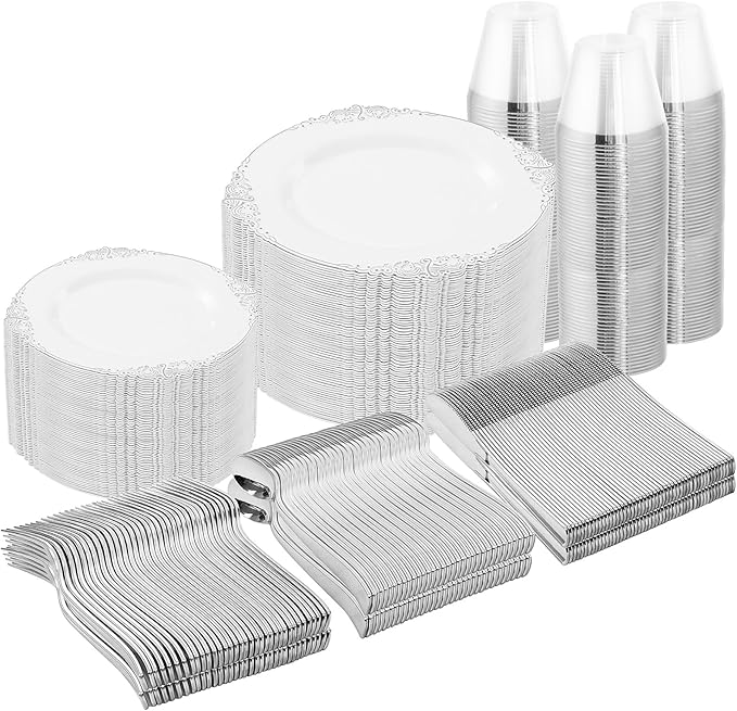 Nervure 600PCS Silver Plastic Dinnerware - White and Silver Disposable Plates for 100 Guests - 200 Disposable Plates, 300 Plastic Silverware and100 Cups for Wedding & Party
