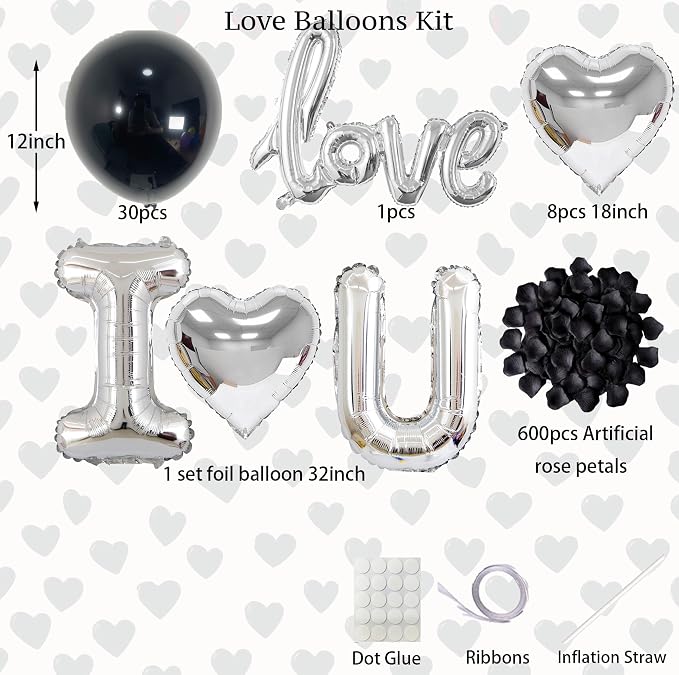Romantic Special Night Decorations - Black Silver Theme with I LOVE YOU & Silver Hearts Balloons, Black Rose Petals for Anniversary, Valentine Day, Bedroom, Hotel Room, Birthday Surprise