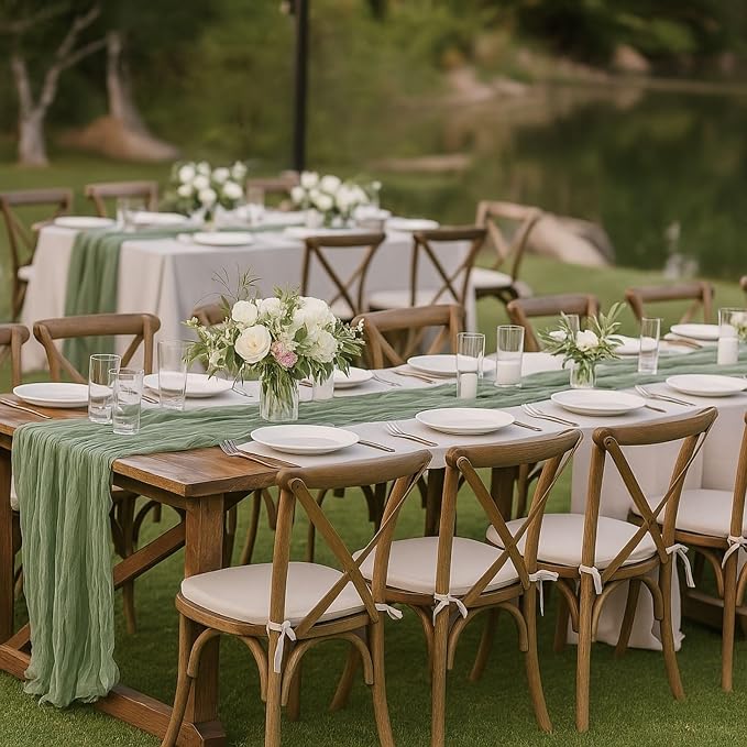 3 Pack Sage Green 10FT Cheesecloth Table Runners –120 Inch Rustic Gauze Bulk Set for Wedding Reception, Woodland Baby Shower, Garden Party, or Boho Spring Event Decor