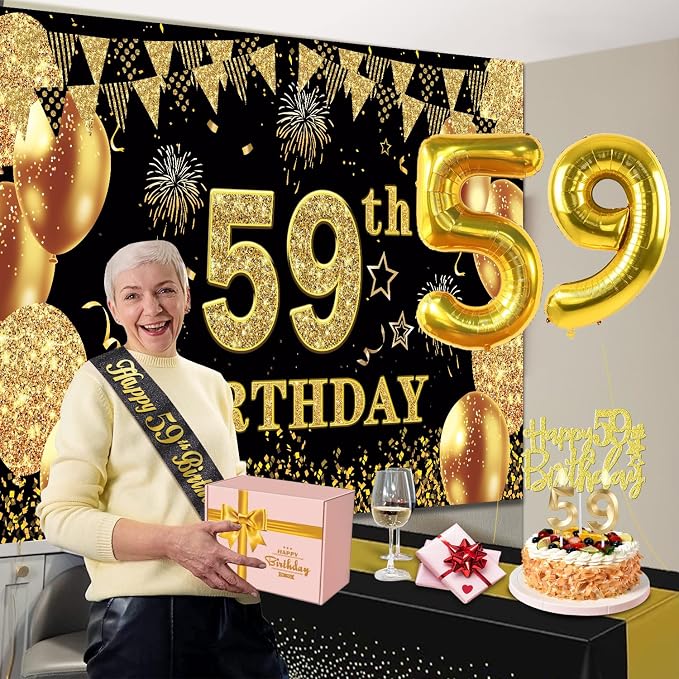 59th Birthday Decorations Men Women with 59th Birthday Banner, Black and Gold Table Cloth, Number Balloons, Large Sash, Cake Topper and Candles