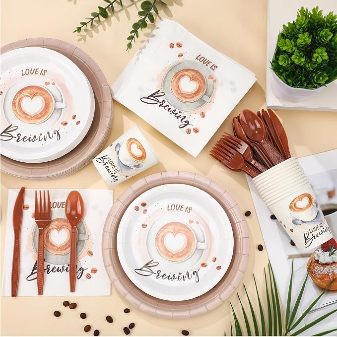 Yungyan 252 Pcs Love Is Brewing Coffee Bridal Shower Party Tableware Set Love Is Brewing Plates Napkins Cups Cutlery for Coffee Lovers Bachelorette Party Decorations Supplies 36 Guests