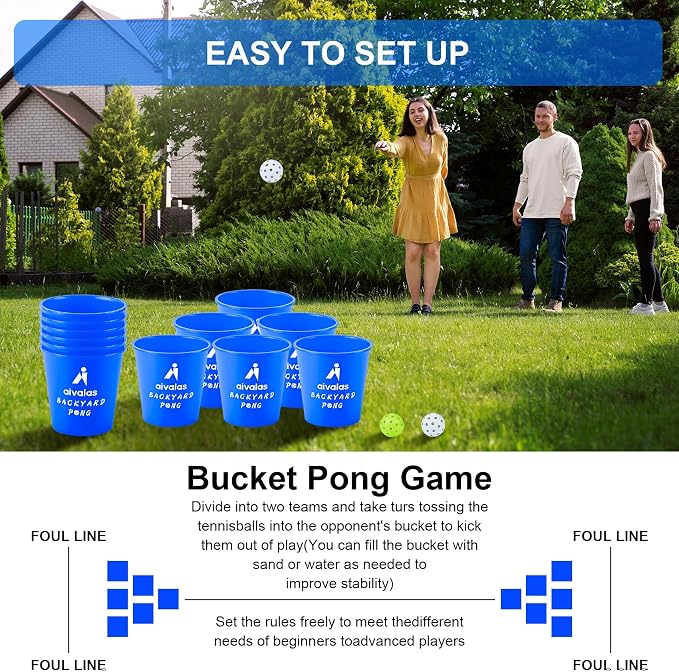 Aivalas Yard Pong Outdoor Games Glow Set in Dark, Giant Yard Pong Game for Adults and Family with 12 Buckets, 4 Balls and a Carrying Bag, Giant Pong for Beach, Camping, Lawn and Backyard