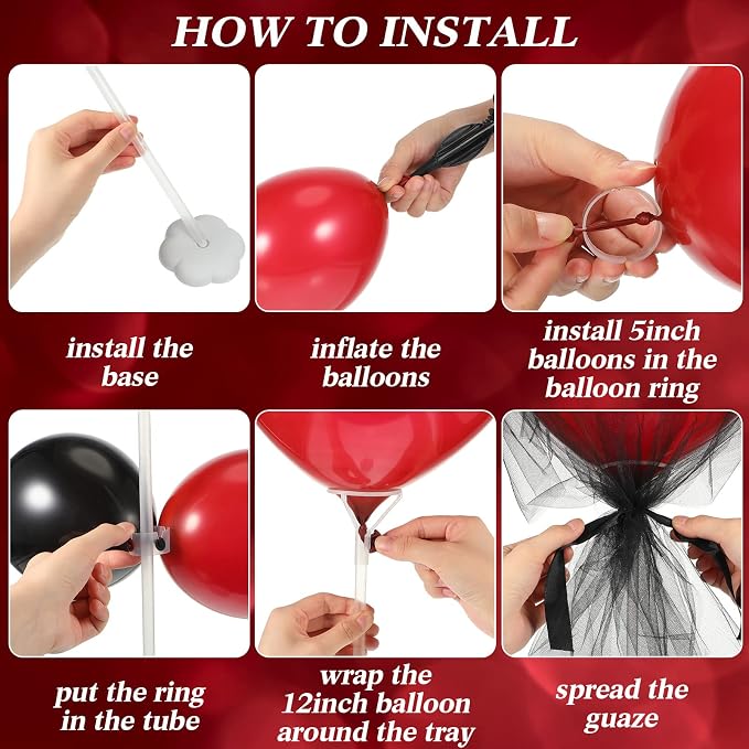 BBTO 8 Set Black and Red Table Centerpieces Balloons Stand Kit, Latex Balloons and Table Stand Holder with Base Tulle for Wedding Birthday Grad Prom Centerpieces Party Back to School Baby Shower
