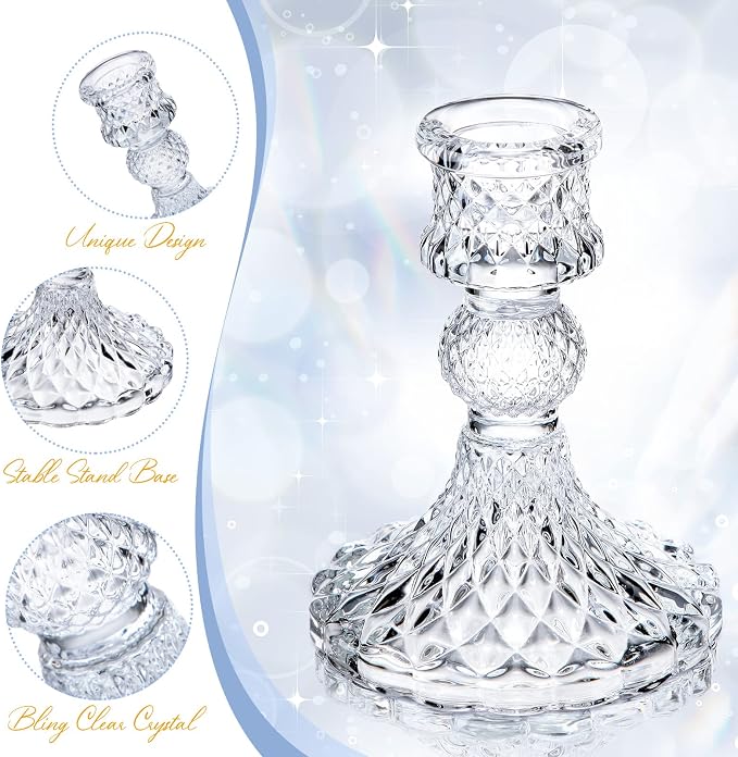 Sieral 24 Pcs Clear Taper Candle Holders 4'' Tall Glass Candlestick Holders Bulk Crystal Decorative Stand Wedding Stick Holder for Anniversary Party Dining Table Festival Decor