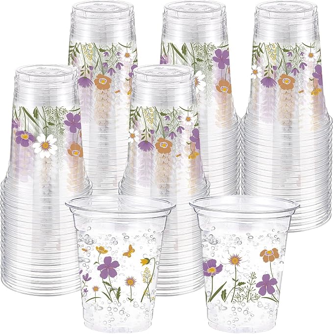 Hushee Purple Boho Floral 60 Pcs Party Cups 16 oz Plastic Disposable Drinking Cups for Birthday Love Baby in Bloom Baby Shower Summer Fresh off The Market Bridal Shower Decorations Supplies