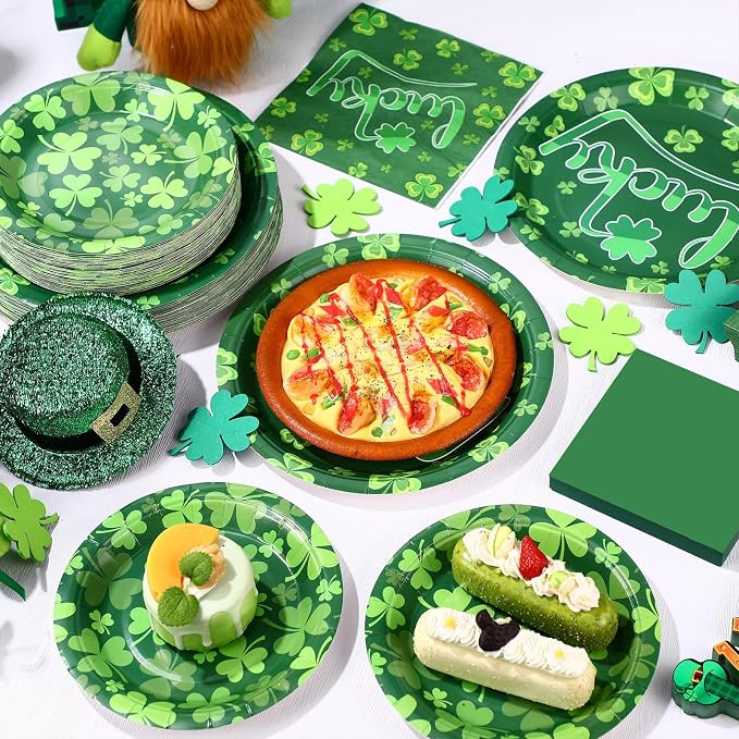 Funnymoom 200Pcs St Patrick's Day Party Supplies Kit Lucky Clover Disposable Paper Dinner Plates Dessert Plates Shamrock Luncheon Napkins and Beverage Napkins for Irish Decorations Supplies 50 Guests