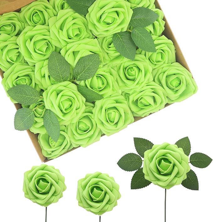 JOYLEX Artificial Flowers Realistic Roses, 25pcs Real Looking Fake Roses with Stem for DIY Wedding Bouquets Centerpieces Bridal Shower Party Home Romantic Decorations (Regular 3" - 25pcs, Green)