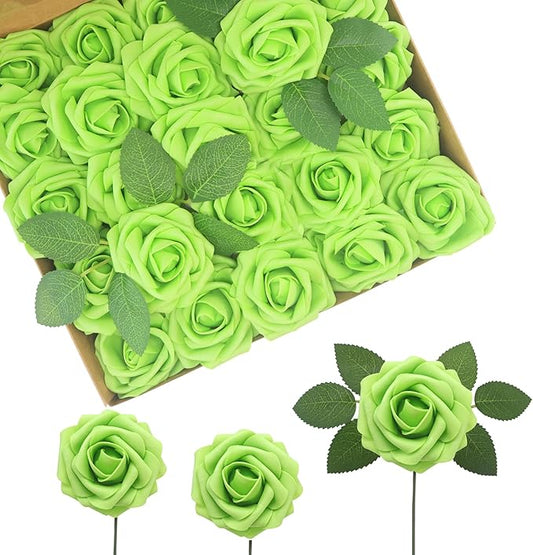 JOYLEX Artificial Flowers Realistic Roses, 25pcs Real Looking Fake Roses with Stem for DIY Wedding Bouquets Centerpieces Bridal Shower Party Home Romantic Decorations (Regular 3" - 25pcs, Green)