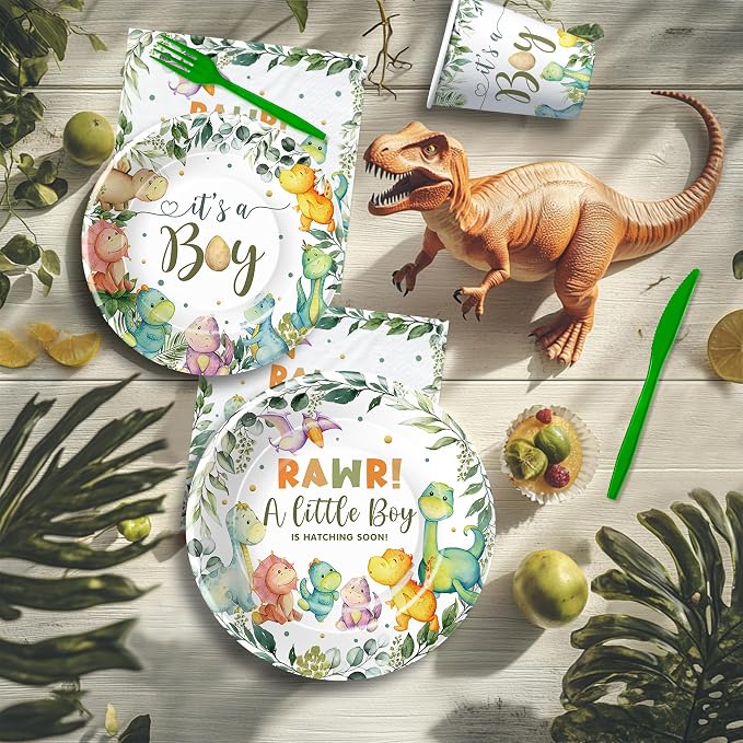Dinosaur Baby Shower Decorations for Boy, Jungle Animal Dino Baby Boy Party Supplies, Dinosaur Theme Rawr It's a Boy Paper Plate, Napkin, Cup, Tablecloth, Cutlery, Banner, Swirls, Serves 24