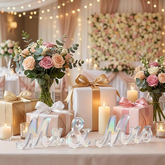 Mr & Mrs Sign for Wedding Table Decor,Large Acrylic Mr and Miss Sign,Photo Props, Freestanding Wedding Centerpiece Table Letters for Anniversary,Party (Transparent, 0.7'')
