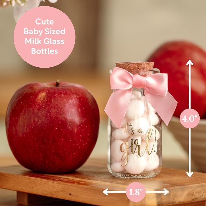 Ethisa Small 24 Pack It's a Girl Milk Glass Bottles with Ribbons and Stickers - Vintage Baby Shower Favors for Guests and Table Centerpieces - Girl Baby Shower Decorations - Sturdy Thank You Candy Jar
