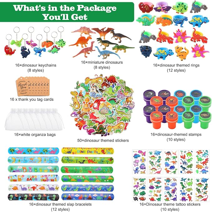 Hungdao 178 Pcs Dinosaur Birthday Party Favors for 16 Kids with Dinosaur Keychain Sticker Stamp Ring Slap Bracelet Tattoo Sticker Gift Bag Tag for Boys and Girls Party Carnival Gift Fillers