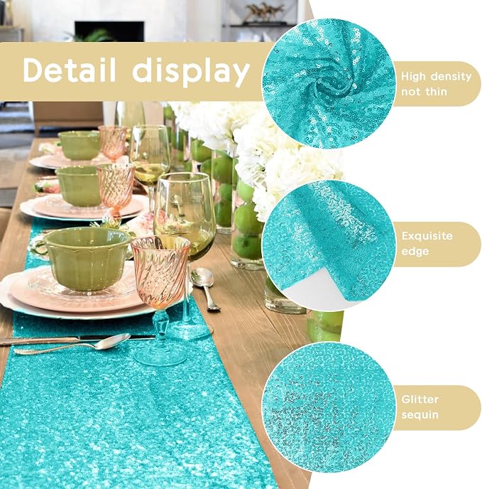 10 Packs 12 x 72 inches Sequin Table Runner, Turquoise Glitter Table Runner for Birthday Party Supplies Wedding Engagement Baby Shower Holiday Celebration Event Decorations