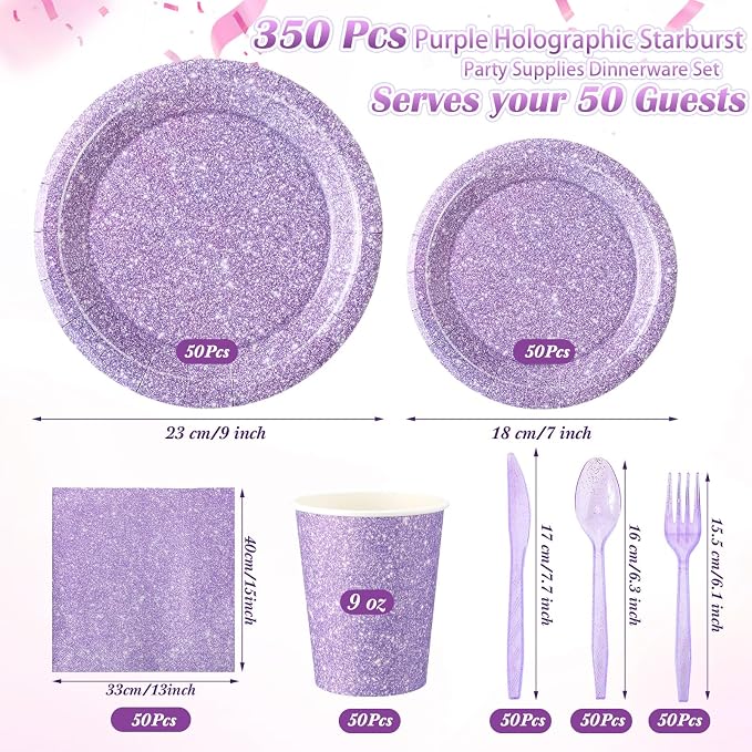 Hushee 350 Pcs 50 Guests Pastel Purple Paper Party Plates and Cups Napkins Sets Holographic Glitter Disposable Dinnerware Plastic Forks Knives Spoons Birthday Bachelorette Wedding Party Supplies