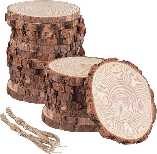 MANCHAP 20 PCS 6.7-7 Inch Wood Slices with Hole, Unfinished Predrilled Wooden Circles with Hanging String, Round Log Discs Slices for Crafts, Painting, Home Decor