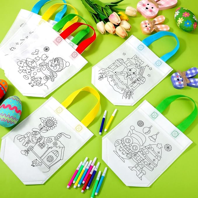 Chunful 24 Pcs Coloring Goodie Gift Bags for Kids Birthday Party with 120 Makers, Reusable Coloring Tote Bags Cute Cartoon Party Favor Non Woven with Colorful Pens DIY Crafts (Lovely with Maker)