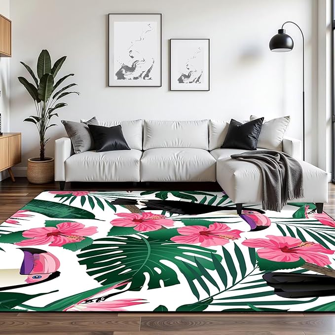 6' x 9' Jungle Living Room Rug Animal Floor Mat Botanical Woodland Floral Birds Carpet Indoor Dining Room Bedroom Porch Playroom Nursery Doormat Room Decor