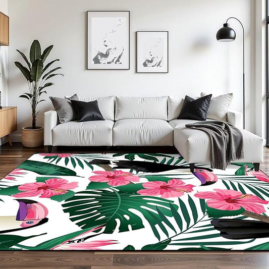 6' x 9' Jungle Living Room Rug Animal Floor Mat Botanical Woodland Floral Birds Carpet Indoor Dining Room Bedroom Porch Playroom Nursery Doormat Room Decor