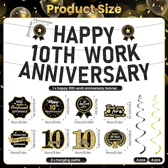 11pcs 10 Year Work Anniversary Decorations Black Gold Happy 10th Work Anniversary Banner Hanging Swirls Employee Appreciation Decorations Supplies 10 Year Workiversary Gifts for Employee Worker