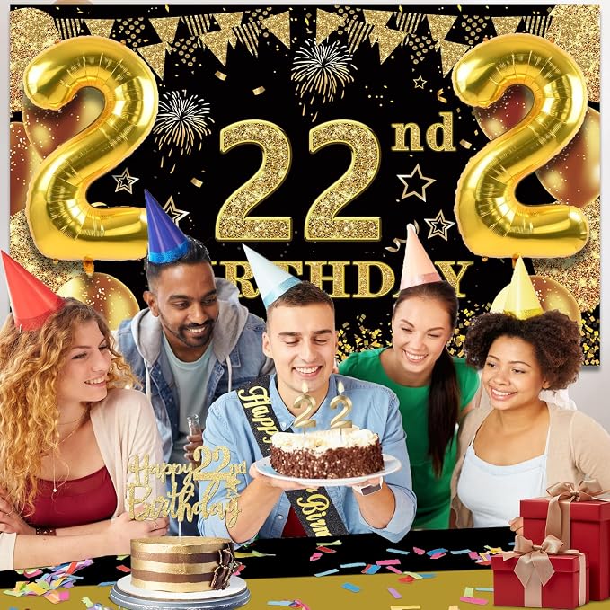 22nd Birthday Decorations Men Women with 22nd Birthday Banner, Black and Gold Table Cloth, Number Balloons, Large Sash, Cake Topper and Candles