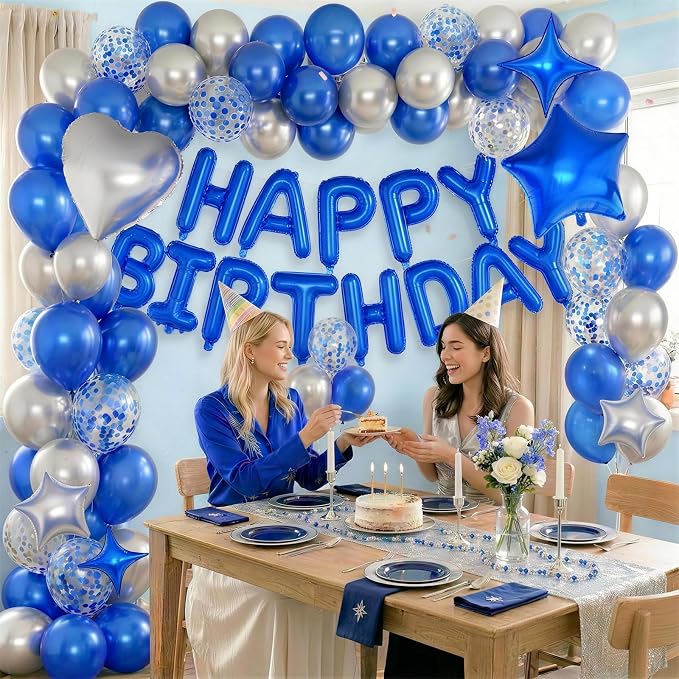 Blue Silver Birthday Decorations for Boys Dark Royal Navy Blue Metallic Silver Confetti Balloon Happy Birthday Banner 18/10 Inch Heart Foil Balloons Star Balloon for Men Bday Party Supplies