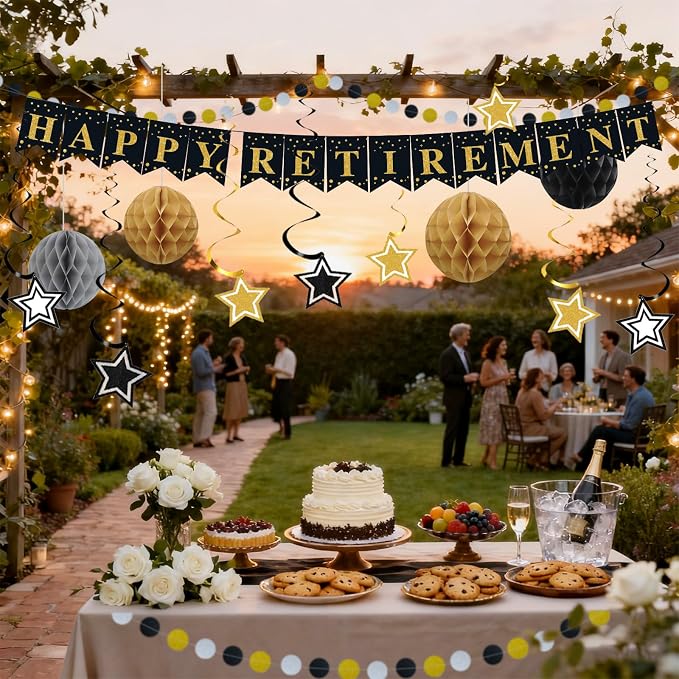 Happy Retirement Party Decorations for Men Women Black Gold Happy Retirement Banner Honeycomb Balls Pentagram Hanging Swirl Streamers Circle Dots Garland