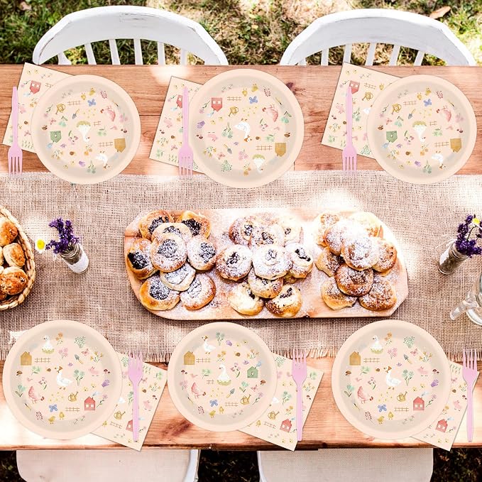 96Pcs Farm Barnyard Party Decorations Garden Tea Themed Tableware Farm Animals Flowers Plates Napkins Forks Summer Floral Dinnerware Supplies for Baby Shower Birthday Serves 24 Guests