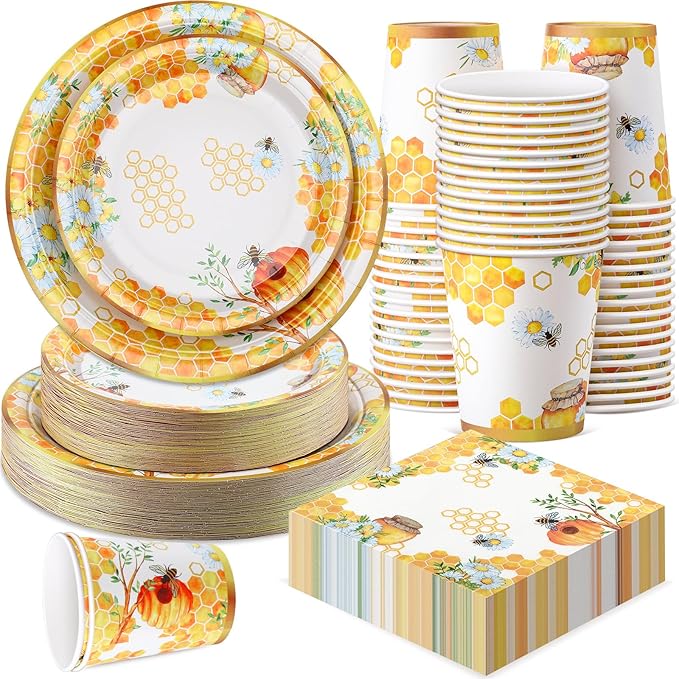 Pickmesh 250 Pcs Bee Party Disposable Tableware Set Paper Plates and Napkins Cups Supplies Tea Party Theme Dinner Dinnerware for Birthday Bridal Baby Shower wedding Decoration Serves 50