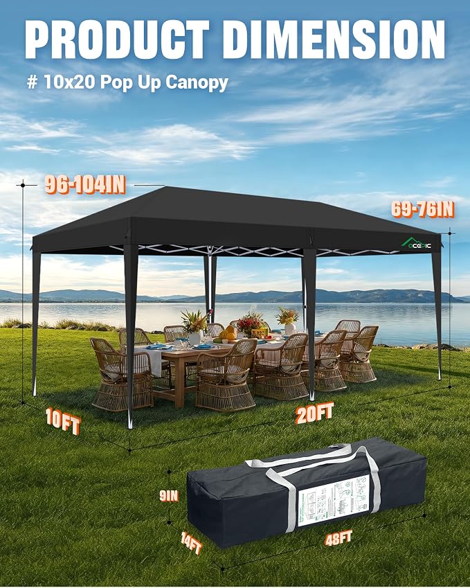Acepic 10x20 Pop Up Canopy with 6 Removable Sidewalls, 2 Central Lock Easy Set-up Outdoor Party Tent, Commercial Tent, Hand Bag x1, Sandbags x4, Stakes x12, Ropes x6 (Black, 10 * 20)
