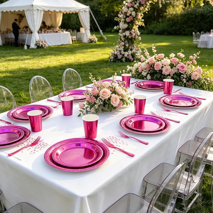 250Pcs Hot Pink Iridescent Plates and Napkins Party Supplies Set for 50 Guests, Disposable 9’’ and 7'' Holographic Paper Plates, Cups, Forks, Napkins Tableware for Mermaid, Birthday Party Decorations