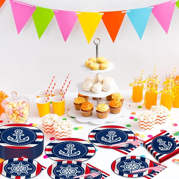 gisgfim 50 Guests Nautical Anchor Party Supplies Anchor Theme Plates and Napkins Plastic Forks Sailor Boat Ship Tableware Nautical Paper Plates for Baby Shower Birthday Party Boys Girls Kids 200PCS