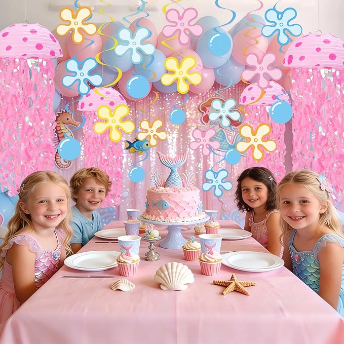 Whaline 30 Pcs 10 Inch Cartoon Sponge Themed Birthday Party Decoration Jellyfish Hanging Paper Lanterns with Tassel Hanging Swirls Ornament for Summer Mermaid Ocean Under The Sea Party Home Classroom