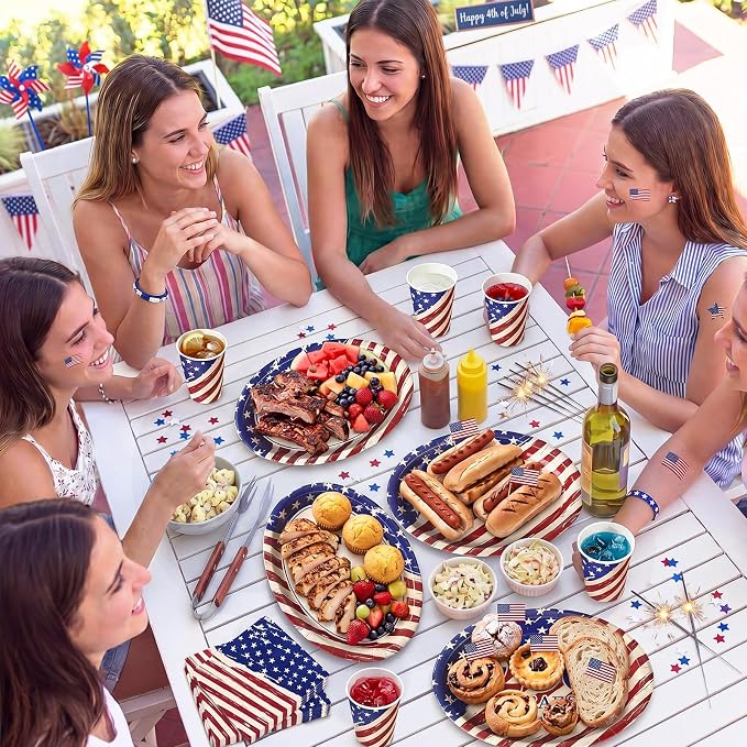 Vesici 150 Pcs 250th Anniversary Oval Paper Plates and Napkins Set 10'' x 12'' Large USA 4th of July Tableware Patriotic Disposable Paper Plate Cup Napkin Independence Memorial Day Party Supply
