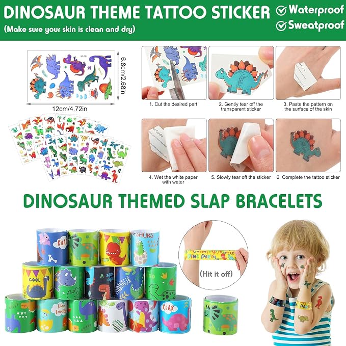 Qilery 195 Pcs 16 Guests Dinosaur Birthday Party Favors for Kids Includes Plastic Cup with Lid Straw Keychain Bracelet Ring Stamper Stickers Tag for Party Favors Piñata Filling
