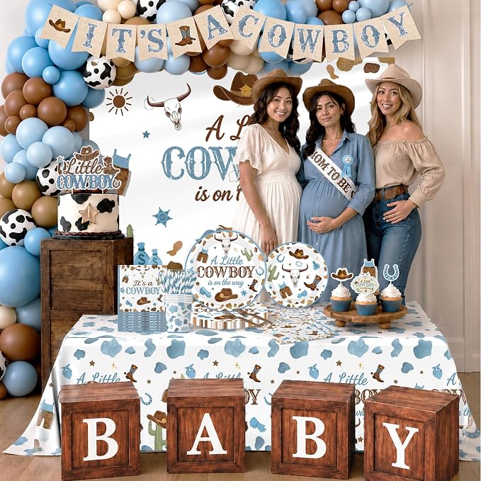 Cowboy Baby Shower Decorations for Boy, All-in-1 Retro Western Baby Shower Decorations with Balloon Arch Baby Boxes Plates Napkins Cake Toppers Tablecloth Backdrop Banner for Cowboy Rodeo Baby Shower