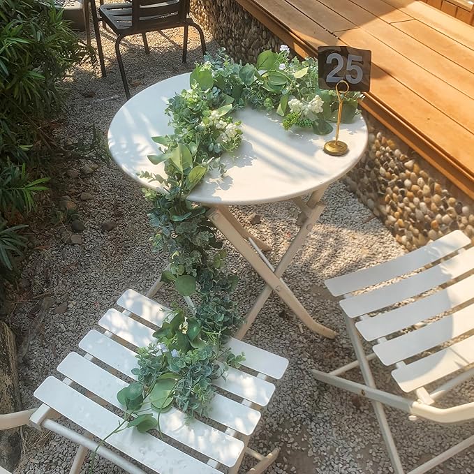 Eucalyptus Garland for Table, 6ft Faux Eucalyptus Garland with White Flowers & Seeds, 2pcs Artificial Eucalyptus Greenery Vines for Wedding Party Table Runner Backdrop Arch Mantle Handmade Wreaths