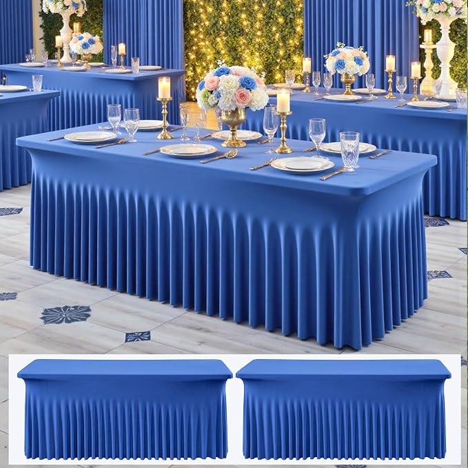 NSSONBEN 2 Pack Royal Blue Spandex Tablecloths 6ft, Wrinkle Free High Stretch Fitted Table Cloths for 6 Foot Rectangle Tables, Ruffle Skirt Spandex Table Covers 6ft for Party Wedding Banquet
