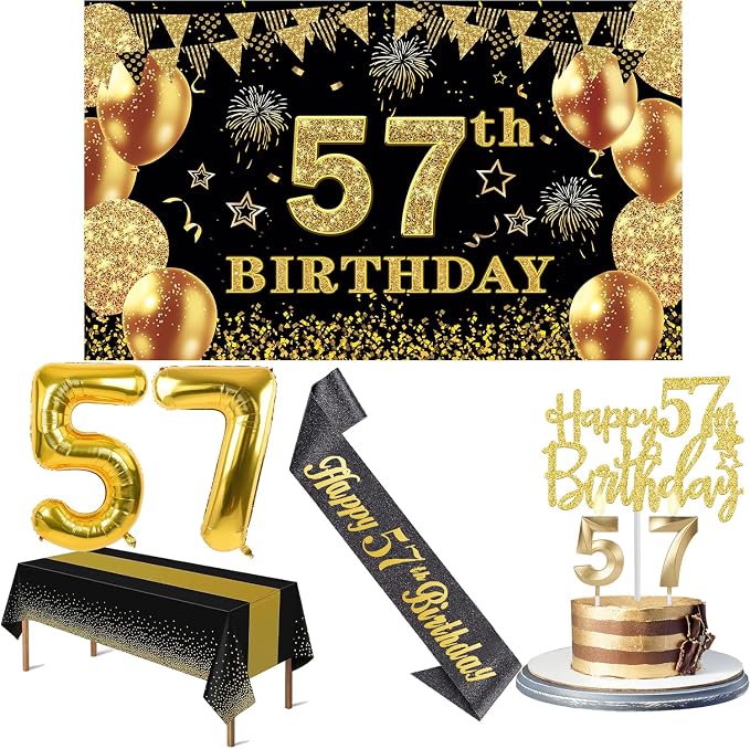 57th Birthday Decorations Men Women with 57th Birthday Banner, Black and Gold Table Cloth, Number Balloons, Sash, Cake Topper and Candles