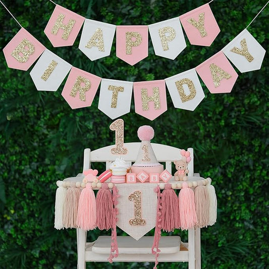 DCJHFJ Pink Felt Happy Birthday High Chair Banner Pre-Strung Birthday Hanging Decoration for Baby Girl 1st Birthday Party Decorations