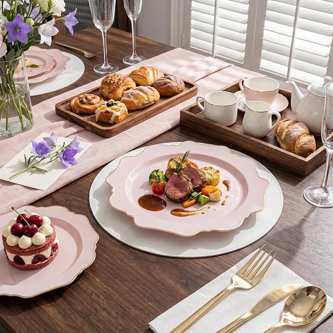 WDF 175Pcs Pink Plastic Plates - Pink and Gold Plates Disposable 25guest Plastic Dinnerware Ideal for Bridal Shower/Wedding/Baby Shower/Spring Party