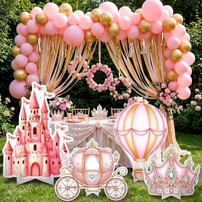 Honoson 4 Pcs Large 30" Pink Princess Cardboard Cutouts, Princess Birthday Party Decoration Castle Carriage Stand up Life Size Backdrop for Once Upon a Time Party Supplies Photo Booth Props