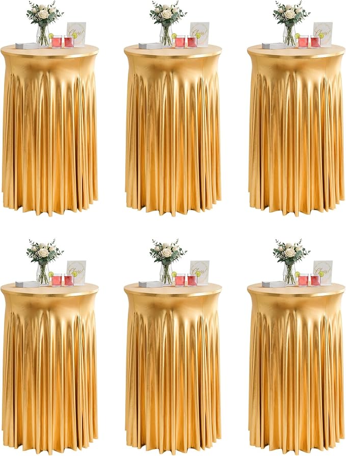Cocktail Table Tablecloth with Skirts - 32x43 Inch Wavy Spandex High Top Cocktail Table Covers, Ruffle Drape Highboy Tablecloth Reusable for Party Wedding Cake Standing Table, Stamping Gold, 6 Pack