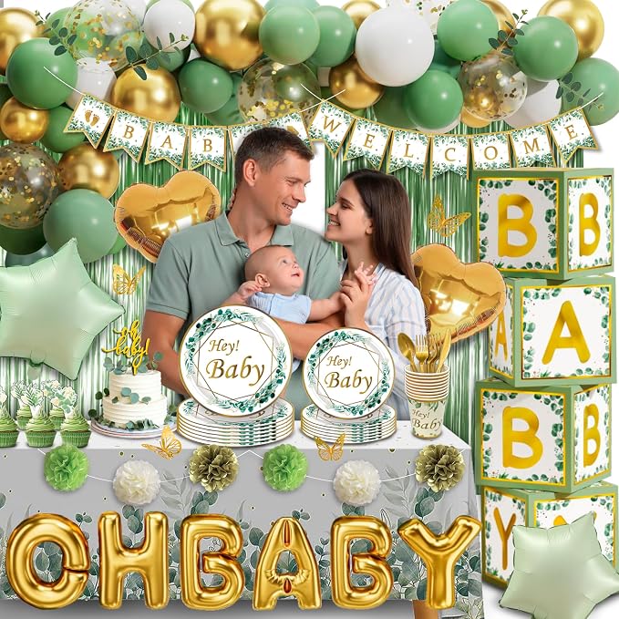 Sage Green Neutral Baby Shower All In One Set - 4 Balloon Boxes, 12 Tableware Sets with Disposable Plates, "OH BABY" Balloons, Tablecloth & Cake Toppers