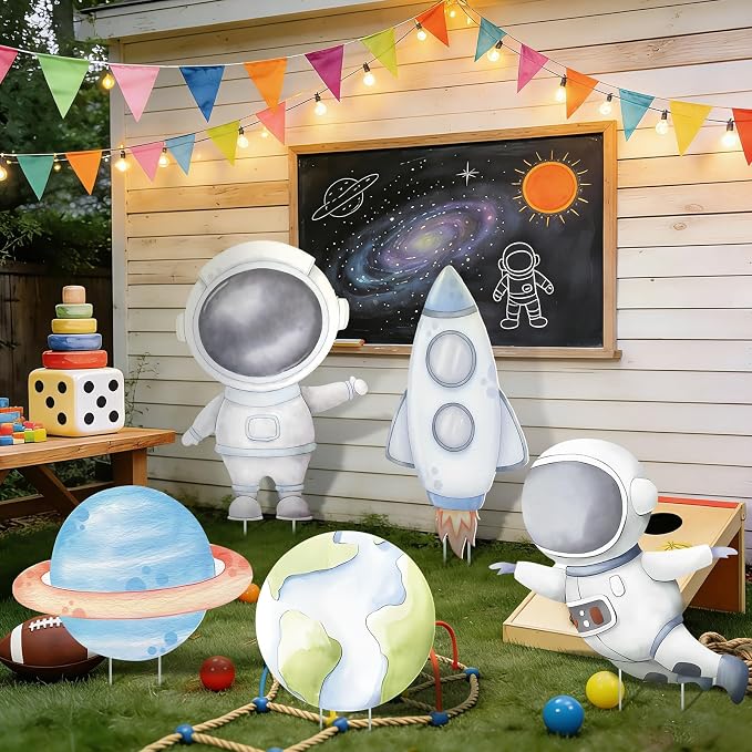 5 Pcs Outer Space Baby Shower Decorations, Astronaut Rocket Planet Earth Cardboard Cutouts Standups, Space Themed Photo Booth Props Signs for Kids Birthday Party Outdoor Yard Lawn Decor